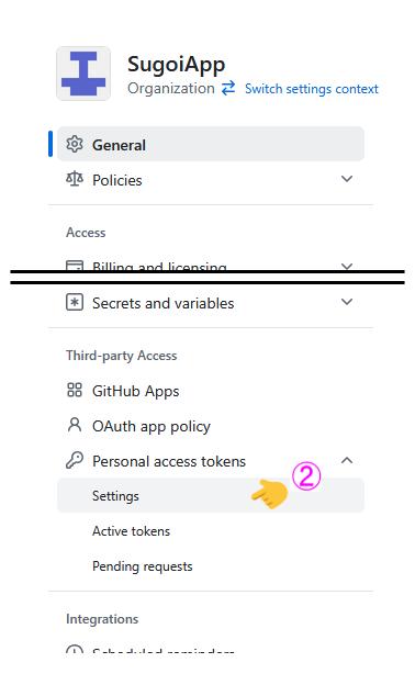 Personal access tokensのSettingsを開く